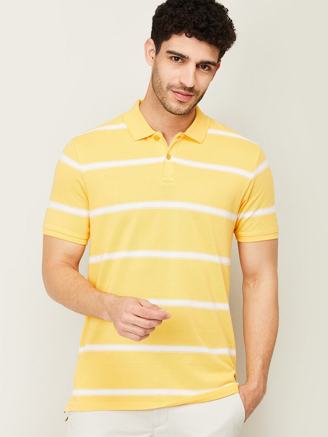 

CODE by Lifestyle Men Yellow Striped Polo Collar T-shirt
