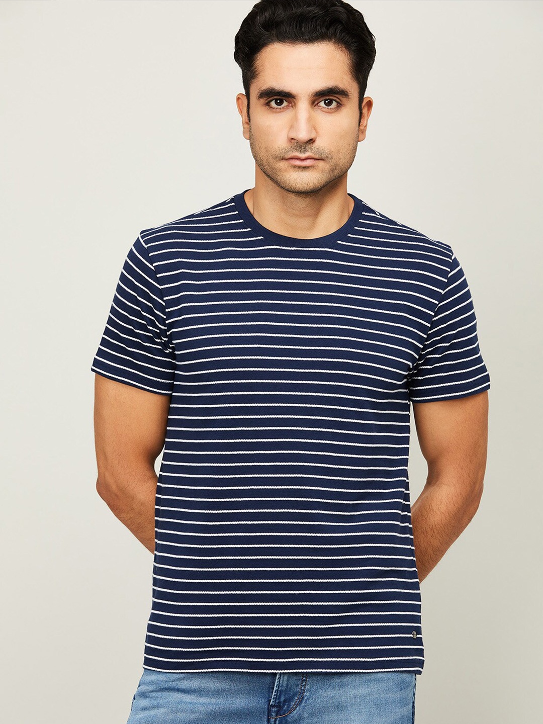 

Fame Forever by Lifestyle Men Navy Blue Striped Cotton T-shirt