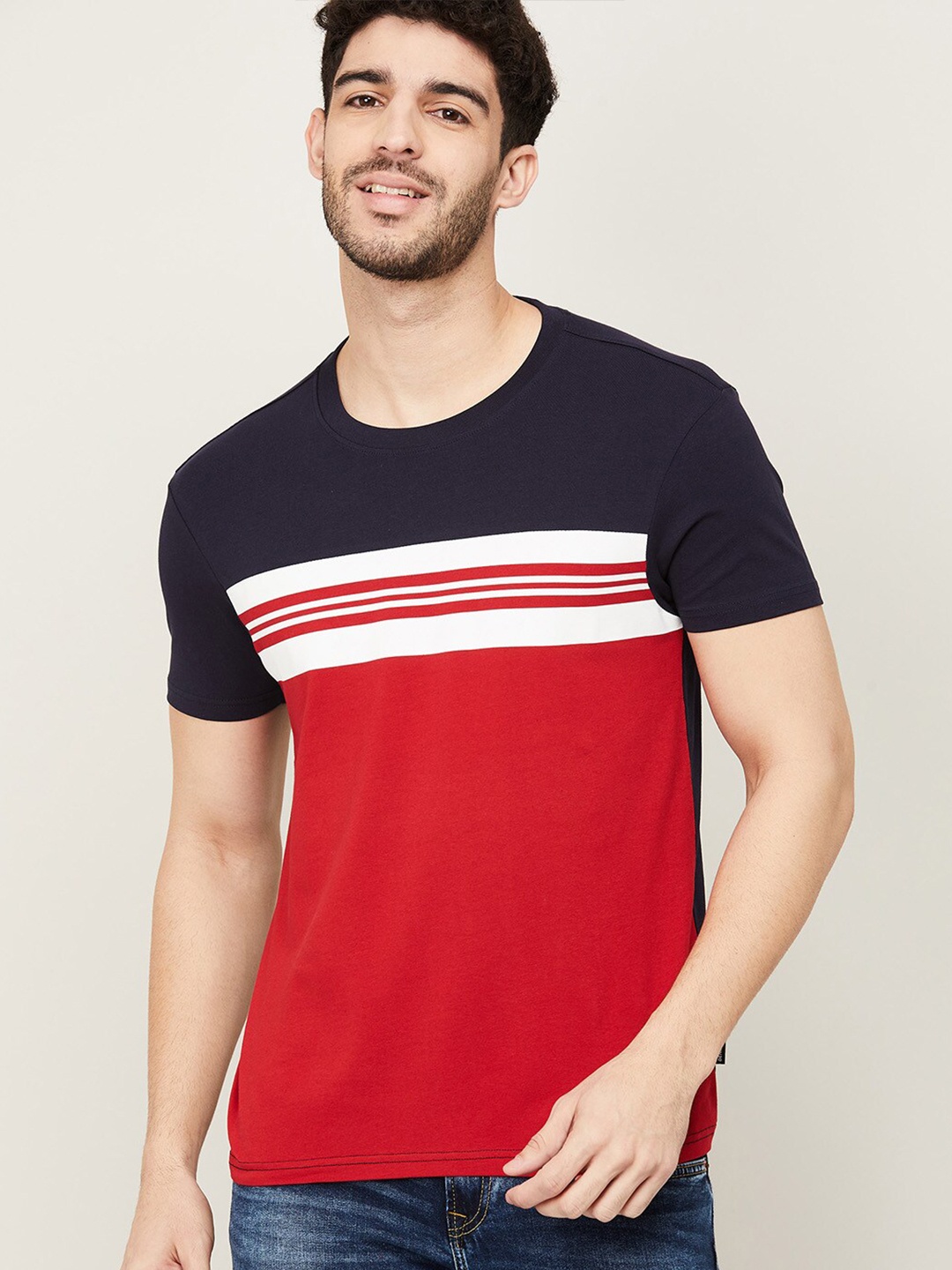 

Fame Forever by Lifestyle Men Red & Blue Colourblocked Cotton T-shirt