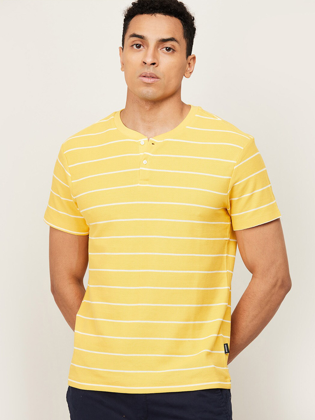 

Fame Forever by Lifestyle Men Yellow & White Striped Henley Neck Cotton T-shirt