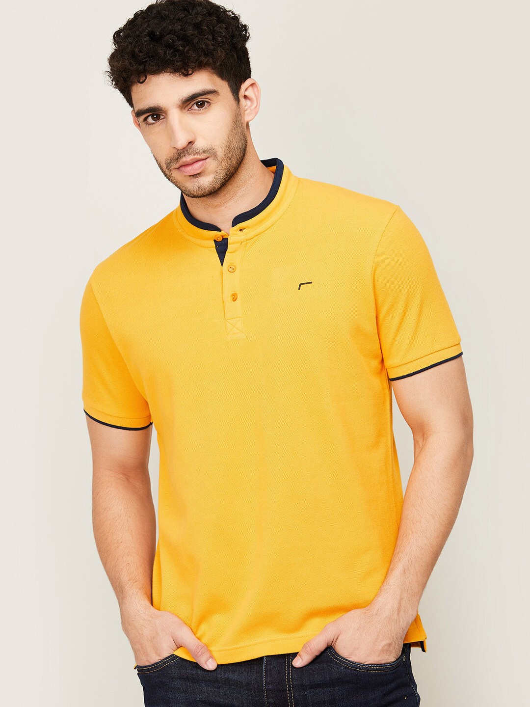 

Fame Forever by Lifestyle Men Yellow Mandarin Collar Cotton T-shirt