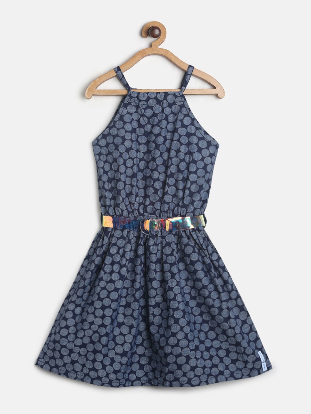 

TALES & STORIES Girls Blue Geometric Printed Cotton Fit & Flare Dress