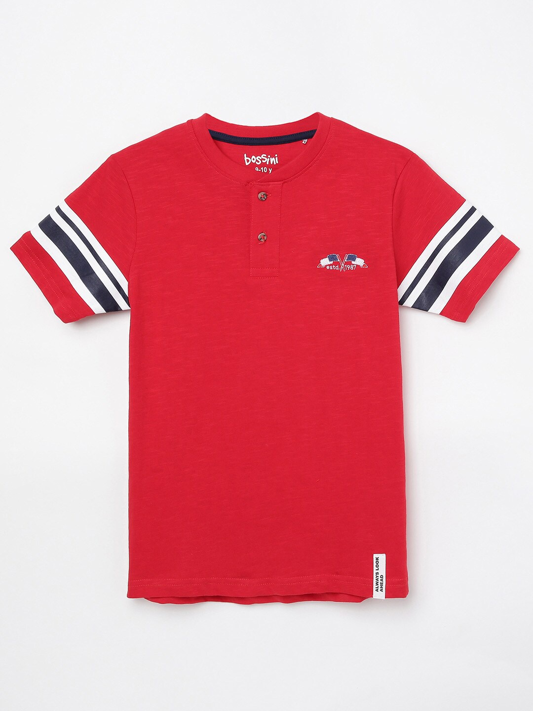 

Bossini Boys Red & White Printed Henley Neck Cotton T-shirt