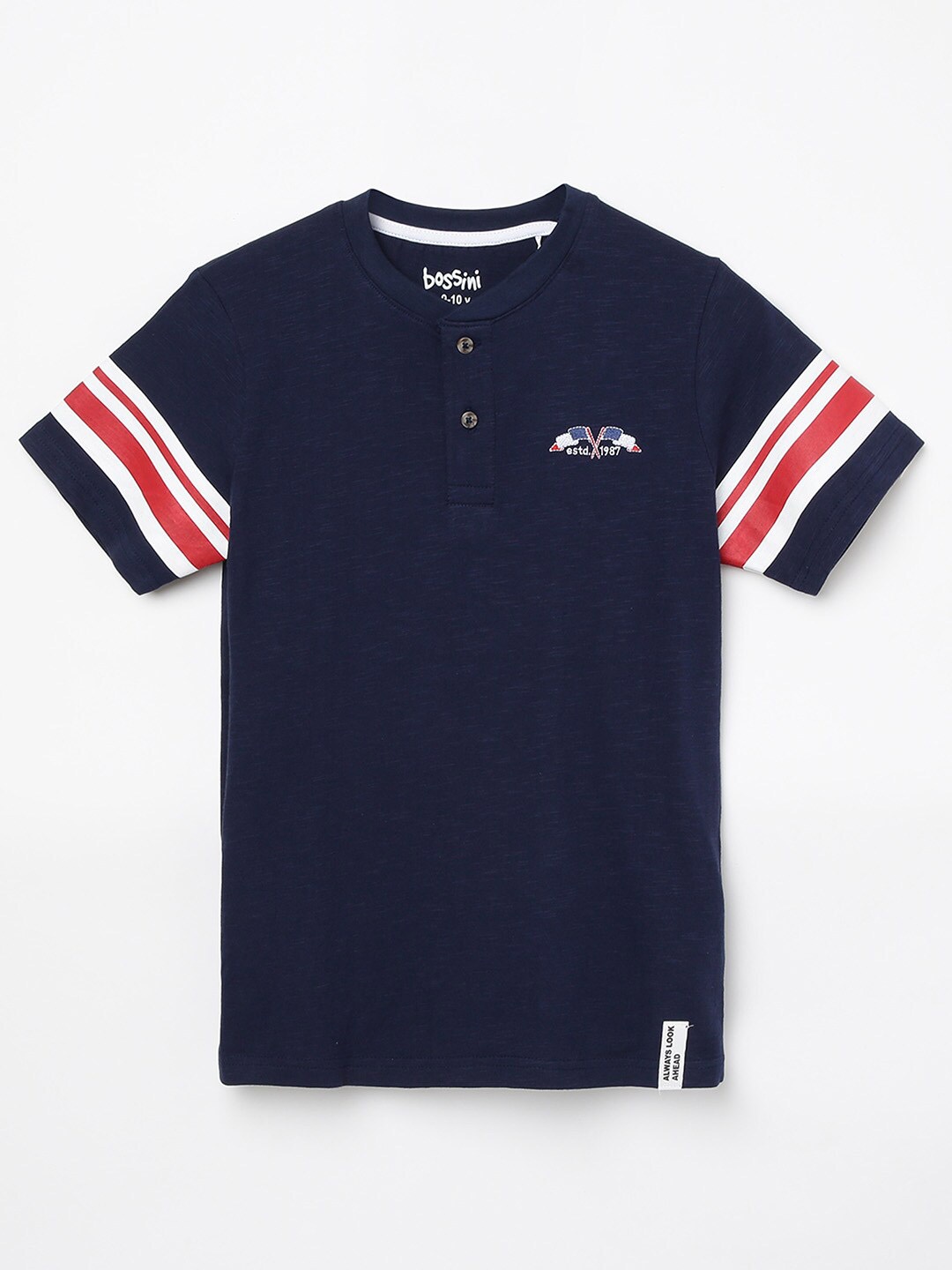 

Bossini Boys Navy Blue & Red Henley Neck Cotton T-shirt