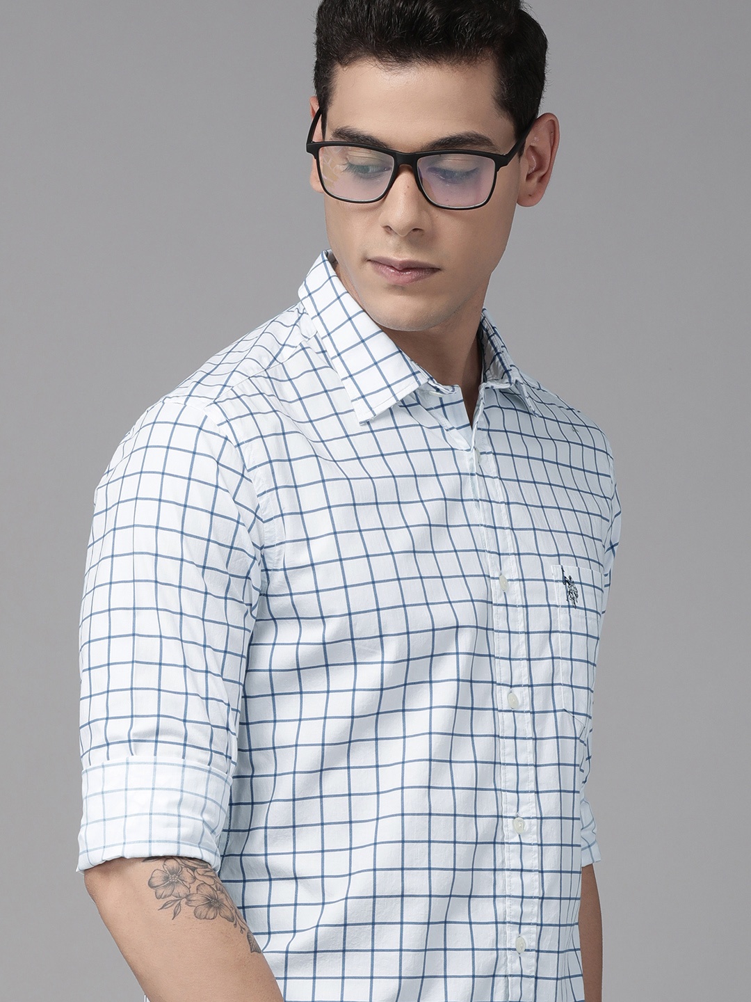 

U S Polo Assn Men White & Turquoise Blue Windowpane Checks Casual Shirt