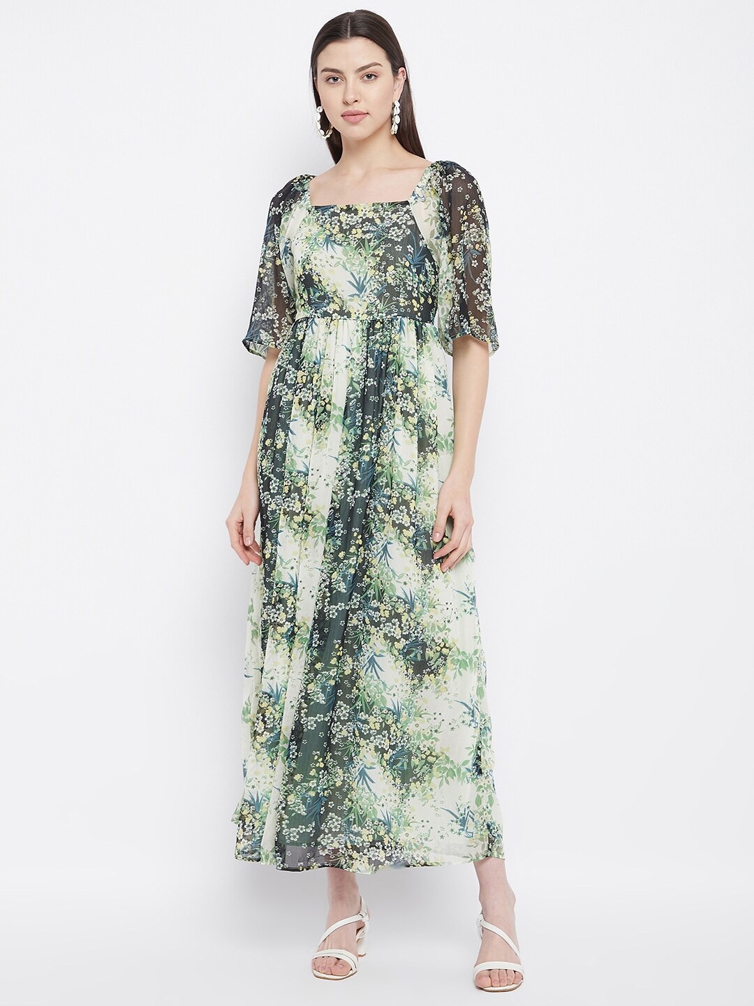 

Ruhaans Green Floral Georgette Maxi Dress