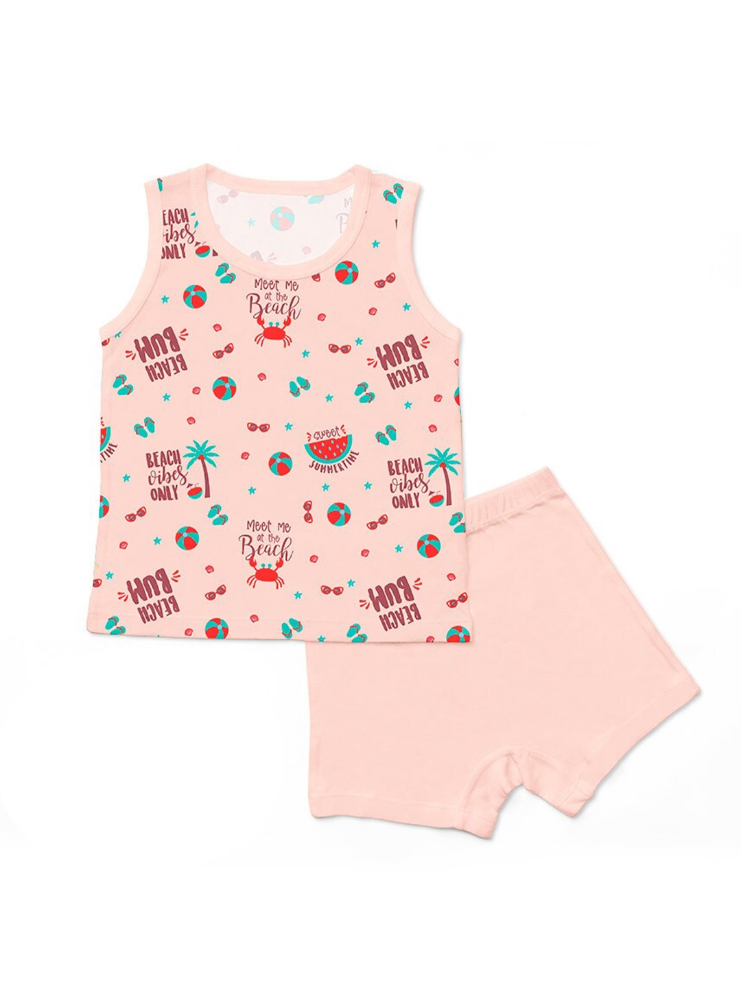 

SuperBottoms Kids Peach-Coloured & Green Printed T-shirt with Shorts