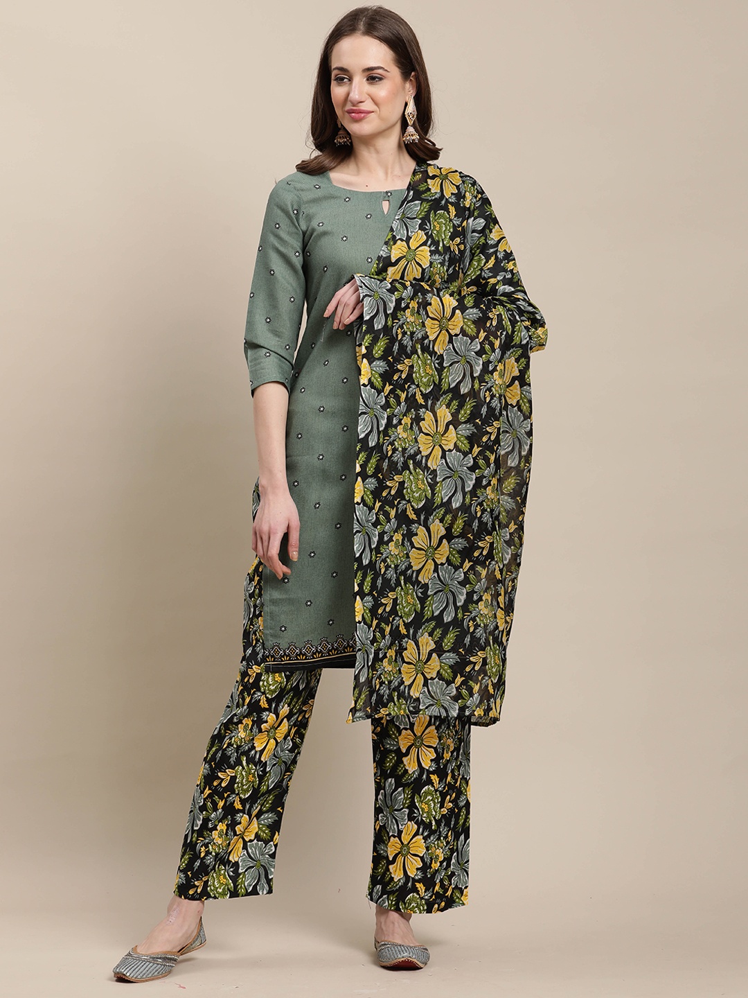 

Rajnandini Women Olive Green Ethnic Motifs Top with Trousers & With Dupatta