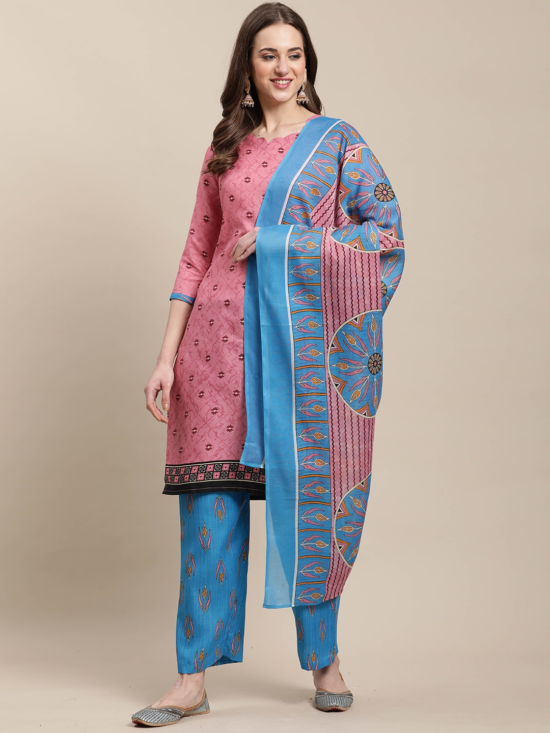 

Rajnandini Women Pink Layered Kurta with Trousers & With Dupatta