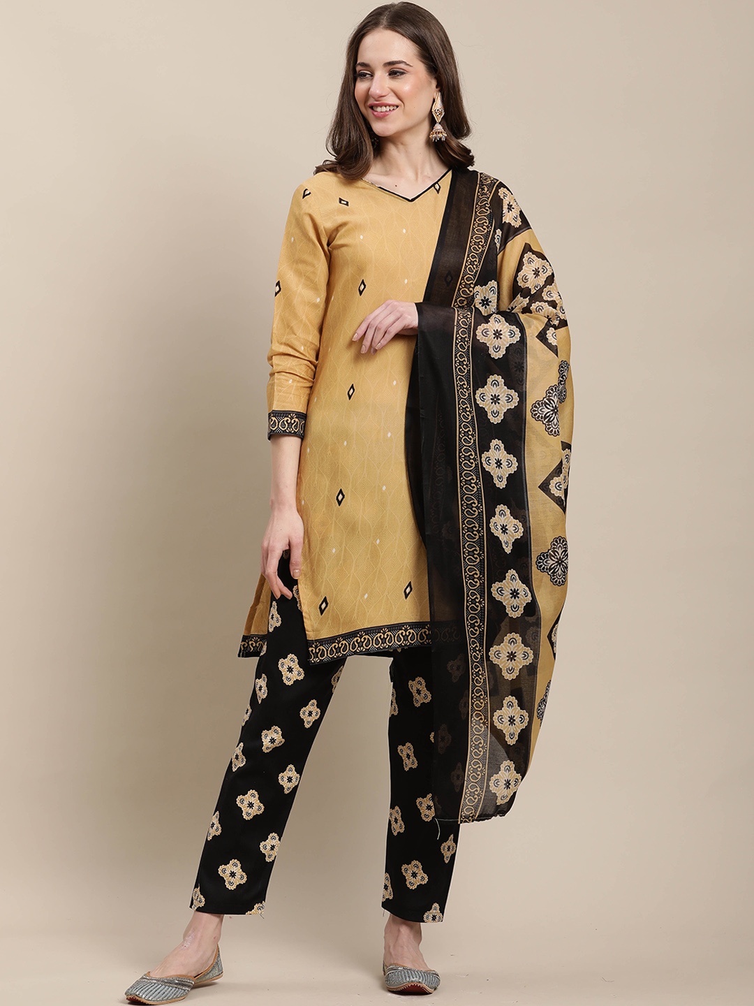 

Rajnandini Women Beige Ethnic Motifs Embroidered Layered Kurta with Trousers & With Dupatta