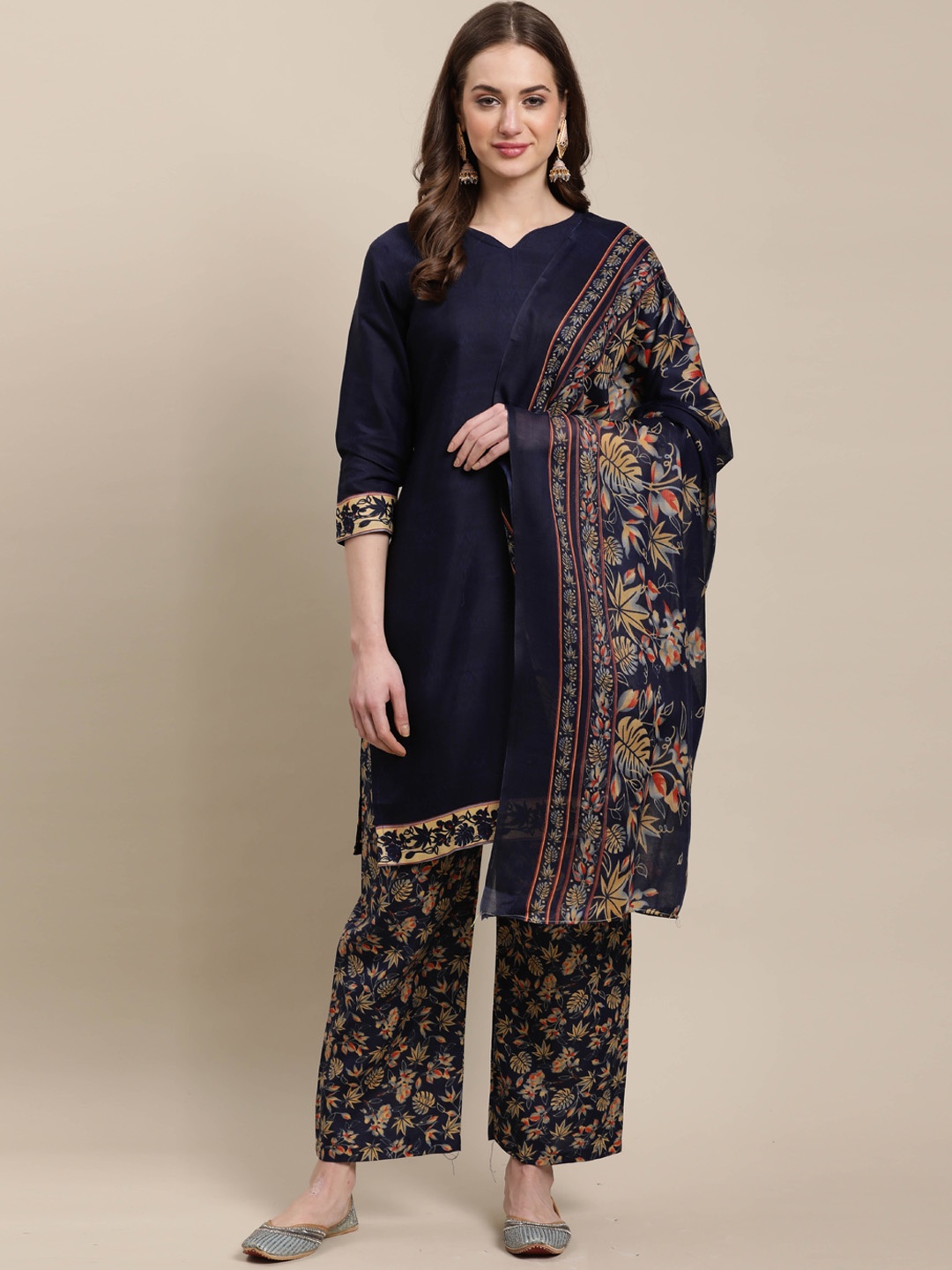 

Rajnandini Women Navy Blue Ethnic Motifs Kurta with Palazzos & With Dupatta
