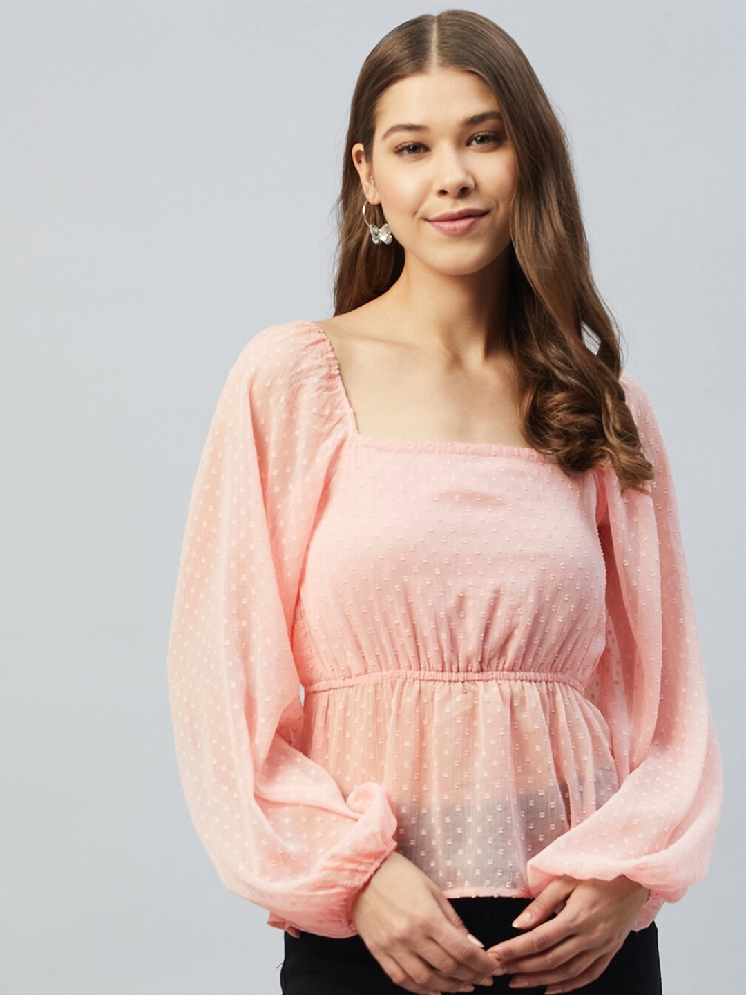 

DELAN Pink Sheer Linen Cinched Waist Top