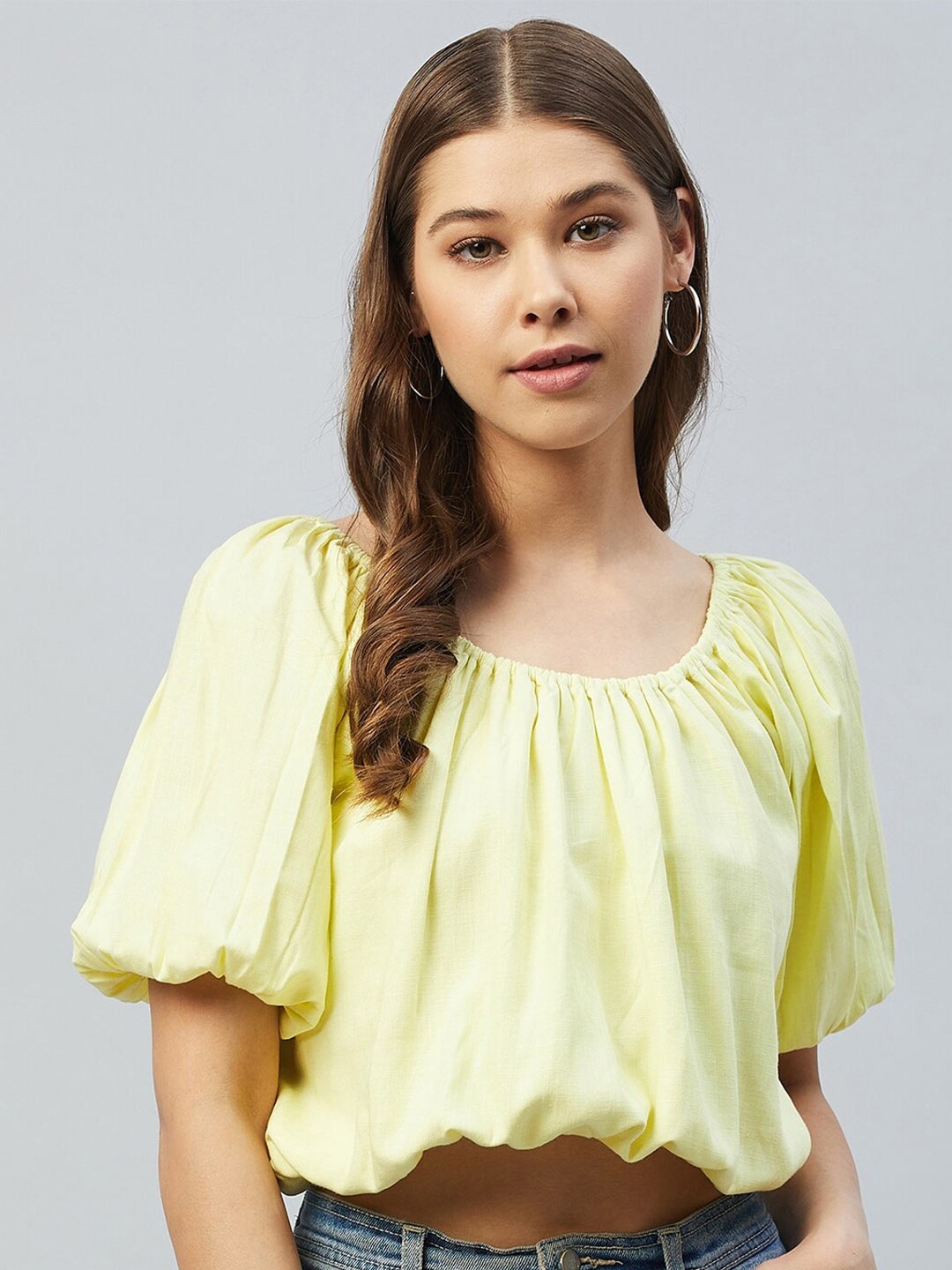 

DELAN Women Yellow Linen Blouson Crop Top