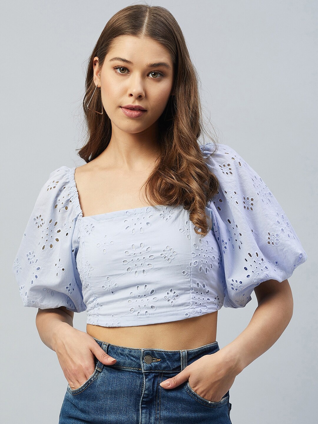 

DELAN Women Blue Schiffli Detail Crop Top