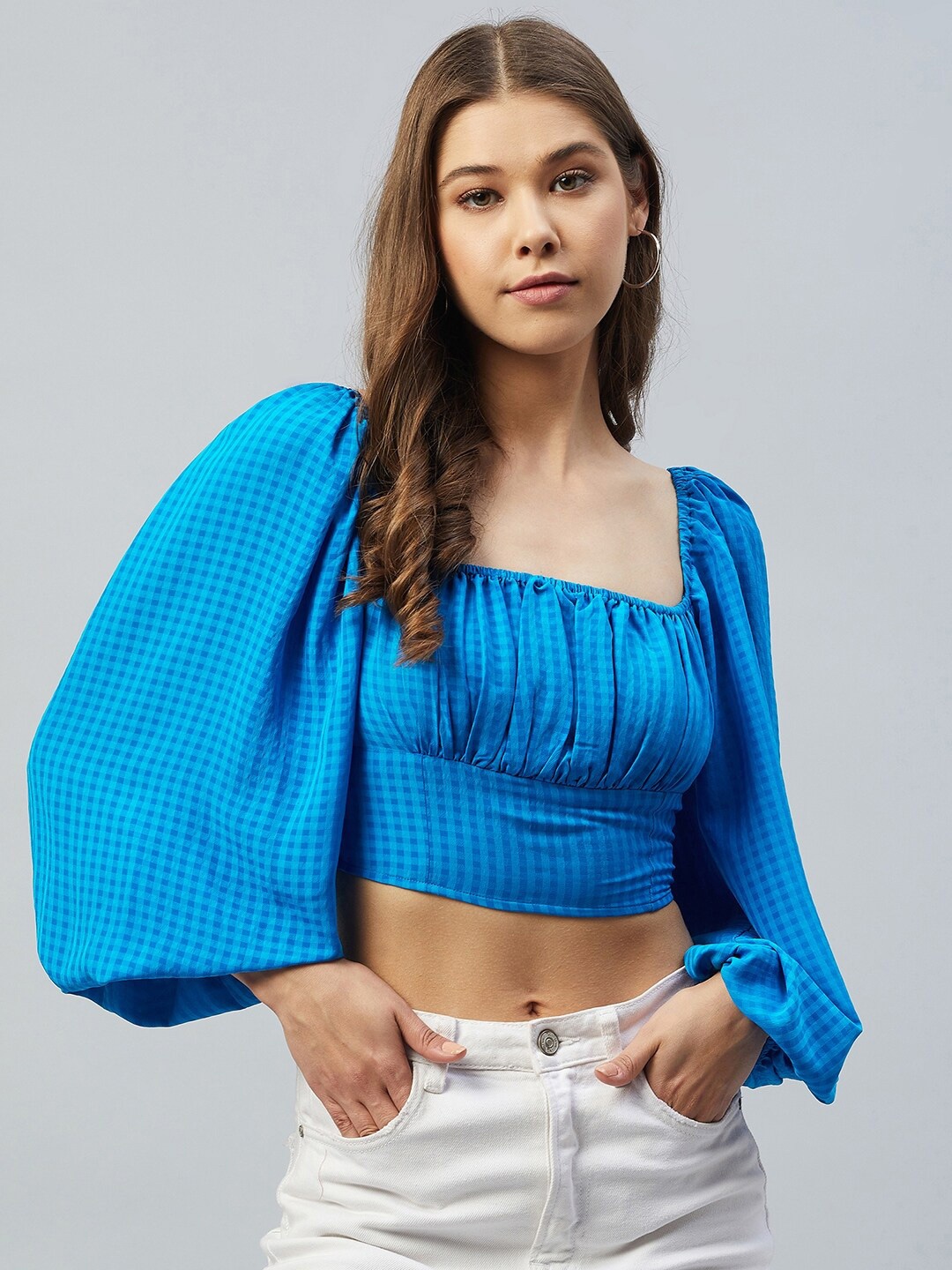 

DELAN Blue Checked Fitted Puff Sleeves Crop Top