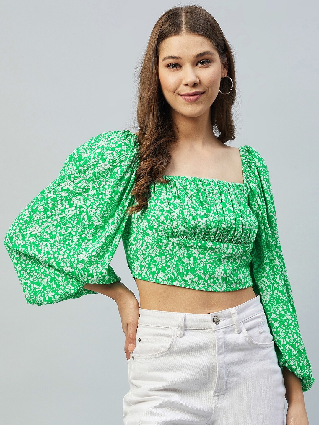 

DELAN Green & White Floral Print Bishop Sleeves Crepe Crop Top