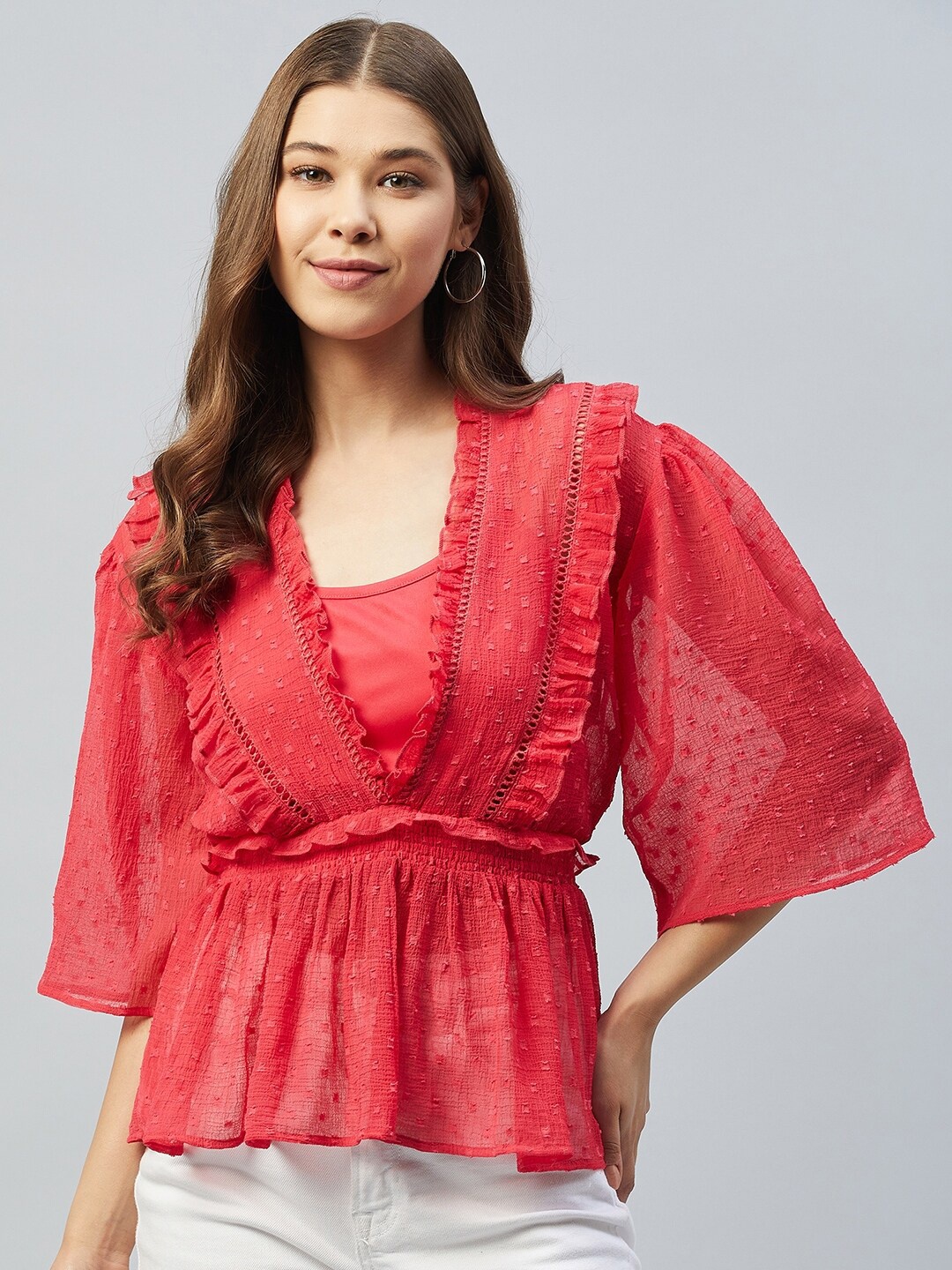 

DELAN Women Pink Sheer Cinched Waist Top