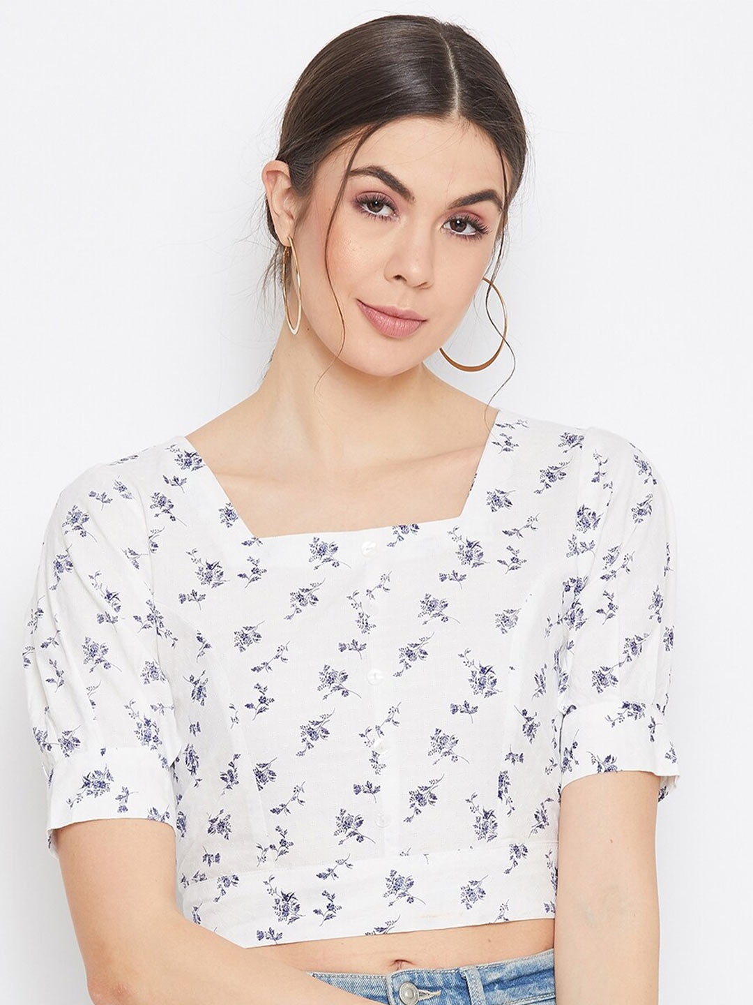 

DELAN White Floral Print Cotton Crop Top
