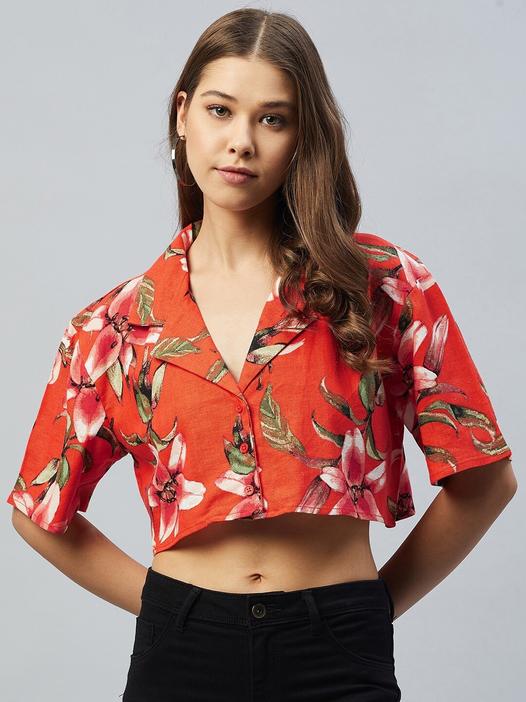 

DELAN Rust & Green Floral Print Cotton Linen Shirt Style Crop Top