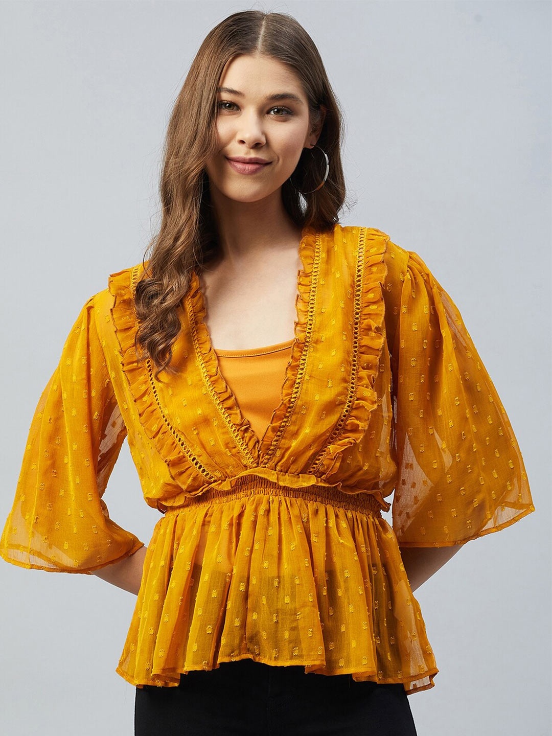 

DELAN Mustard Yellow Sheer Cinched Waist Top