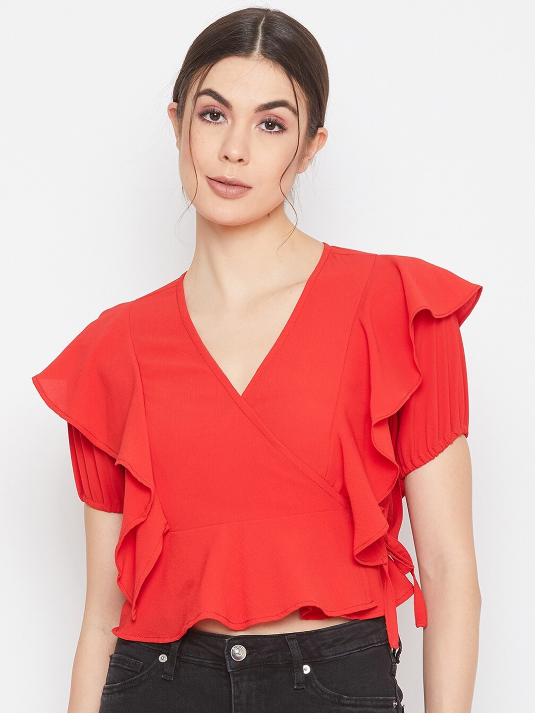 

DELAN Women Red Crepe Bardot Top