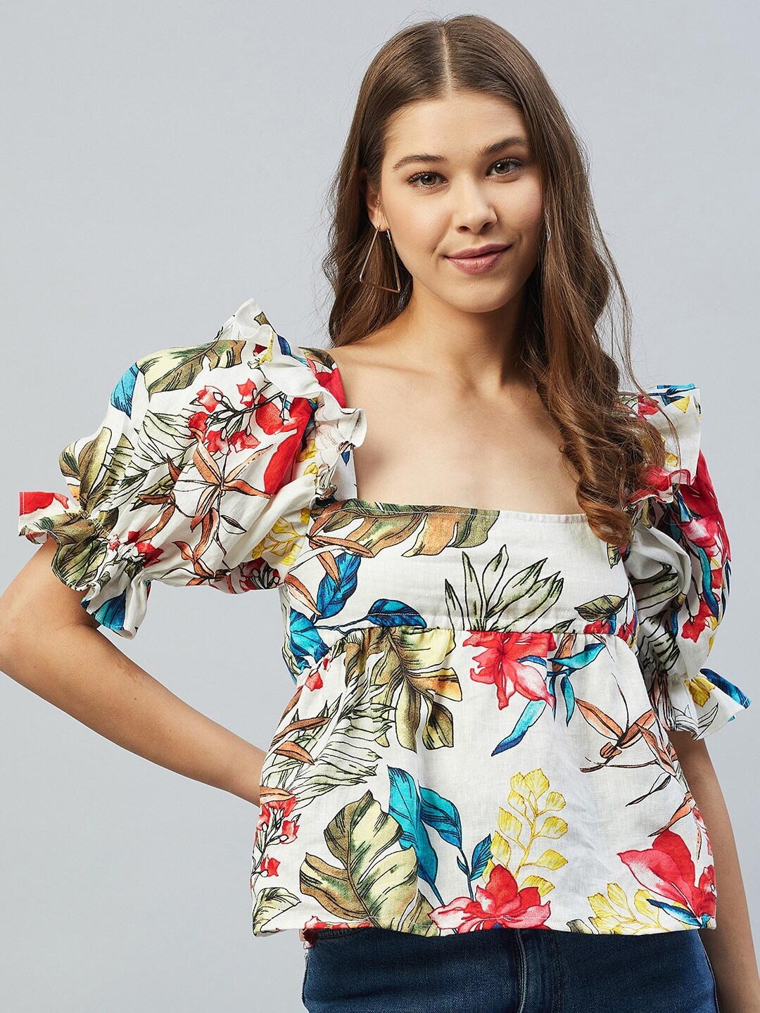 

DELAN White Floral Print Ruffles Linen Top