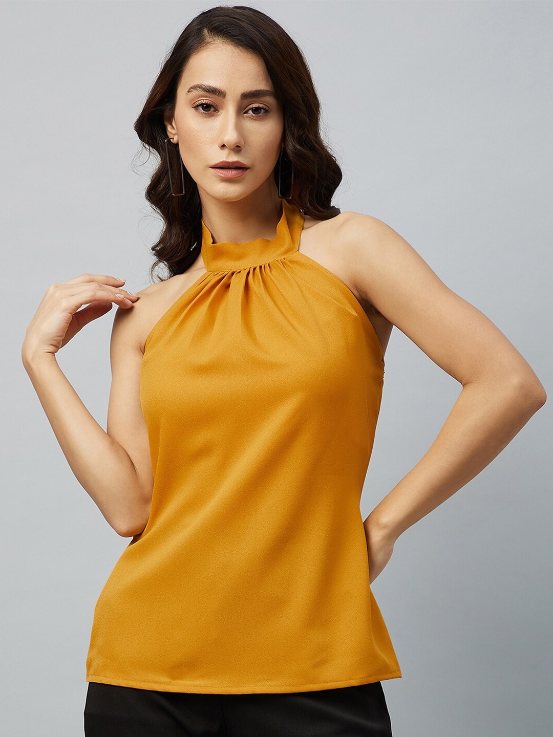 

DELAN Yellow Halter Neck Crepe Top