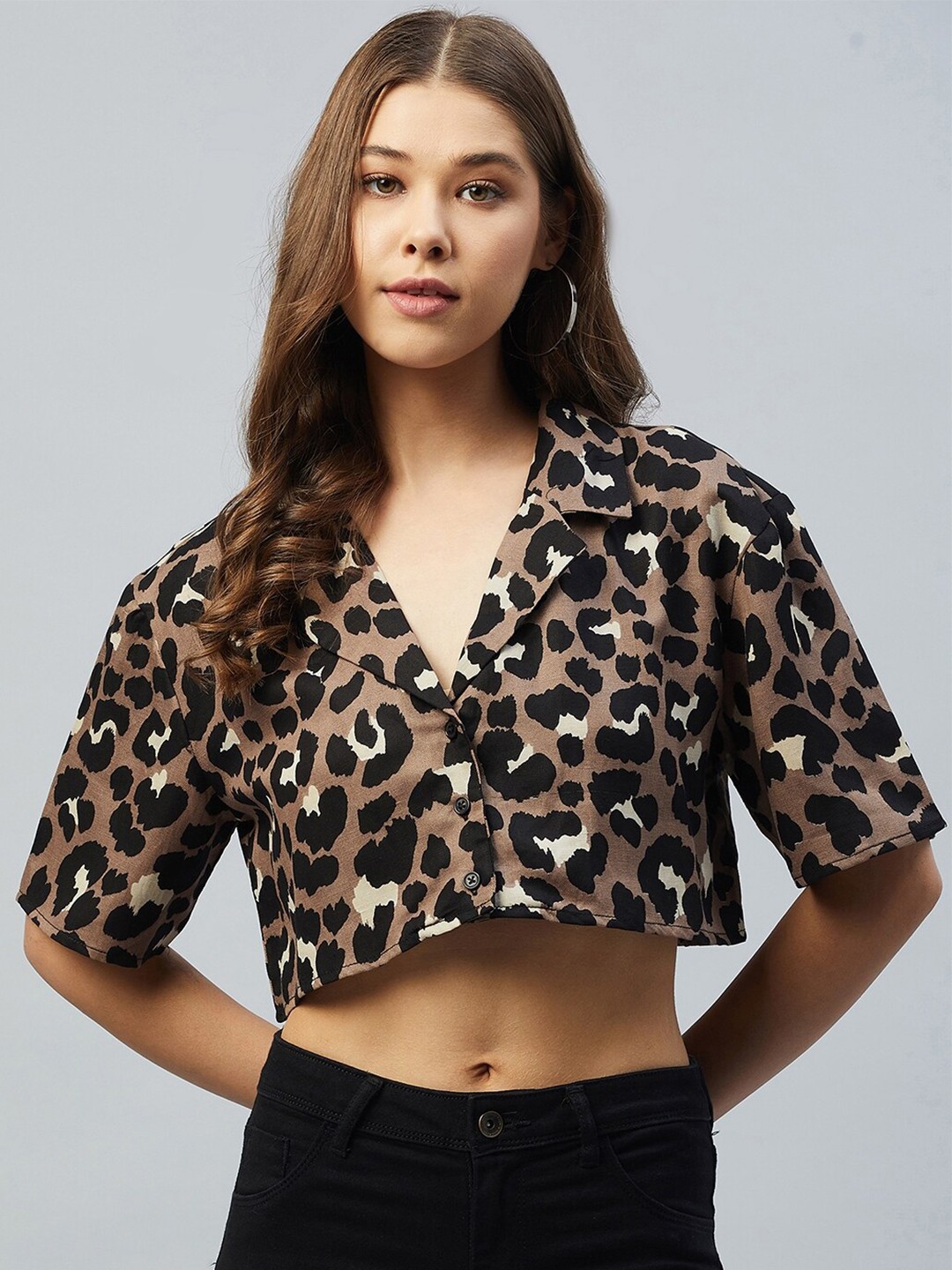 

DELAN Women Brown Animal Print Linen Crop Top