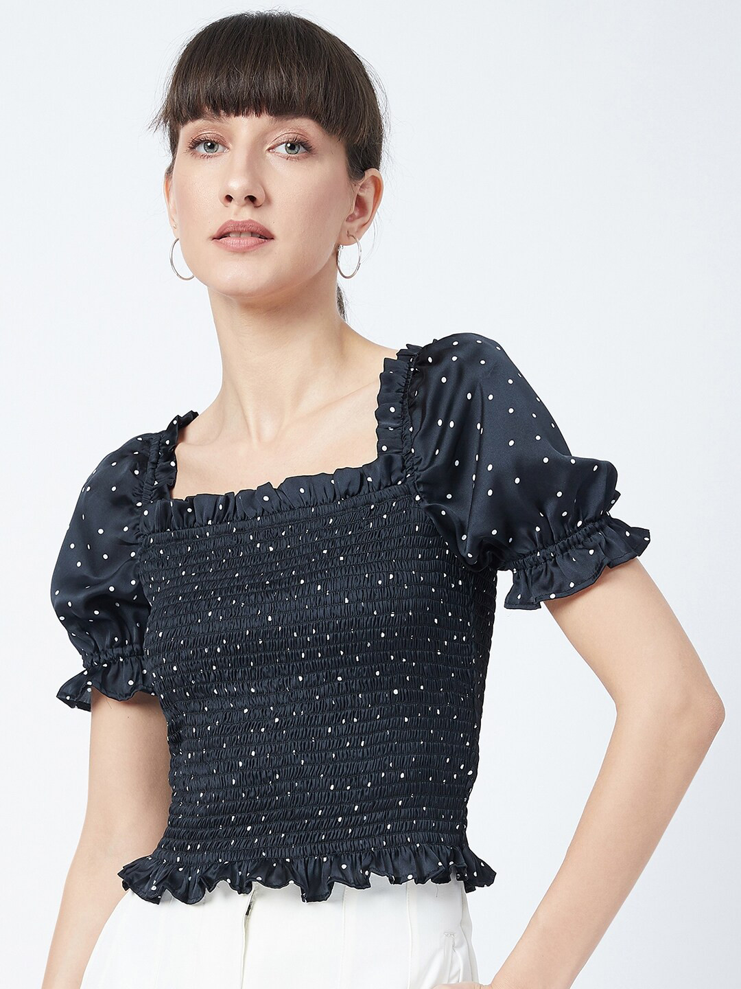 

DELAN Women Black Smocked Satin Top