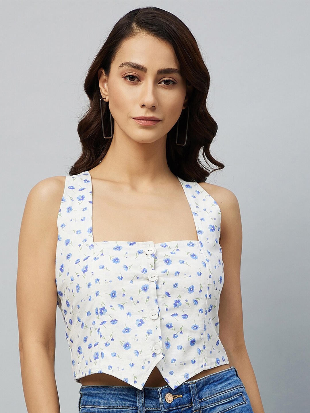 

DELAN White & Blue Floral Print Linen Crop Top