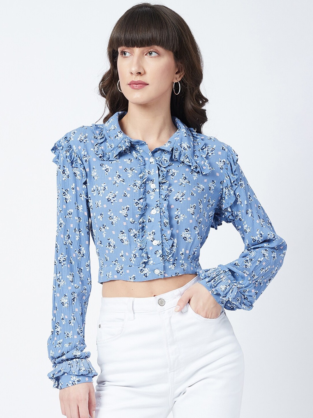 

DELAN Blue & White Floral Print Ruffles Shirt Style Crop Top