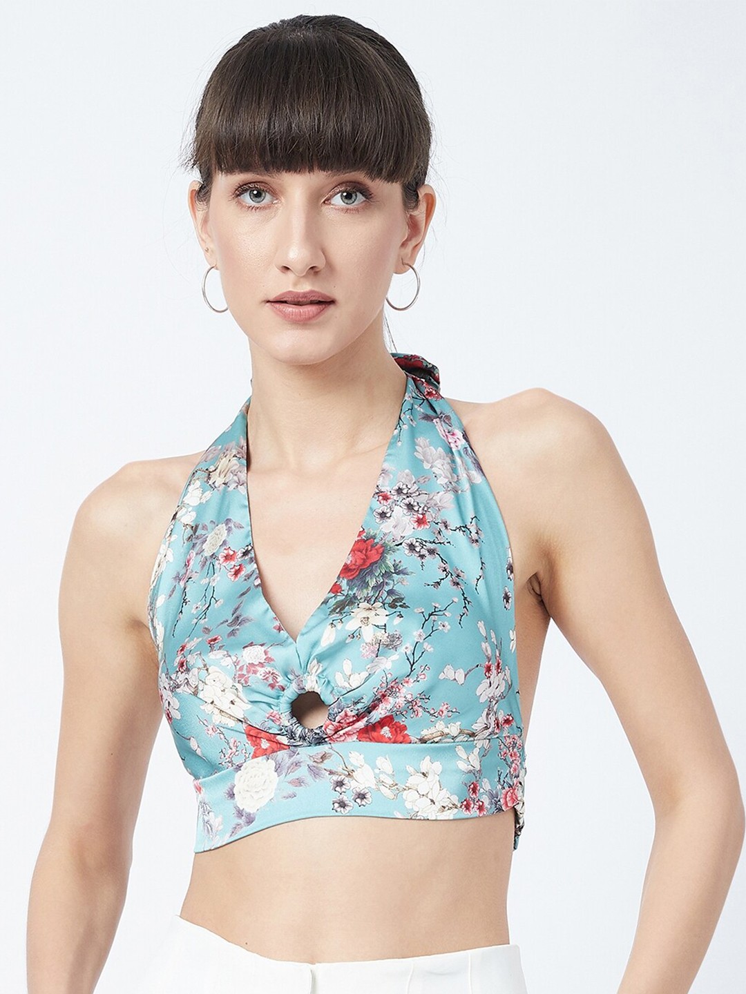 

DELAN Women Green Floral Printed Halter Neck Bralette Crop Top