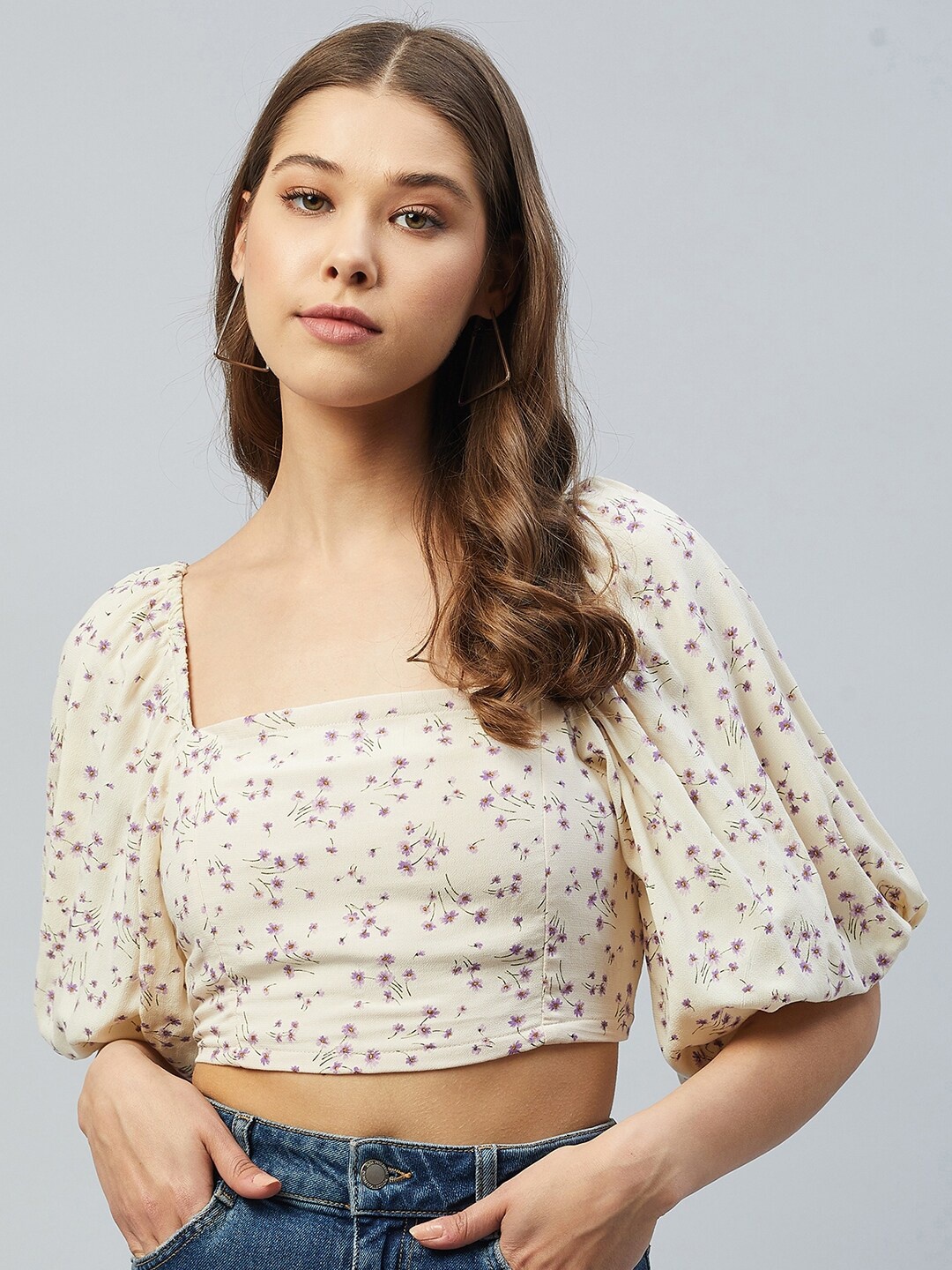 

DELAN Women Off White Floral Printed Crepe Bardot Crop Top