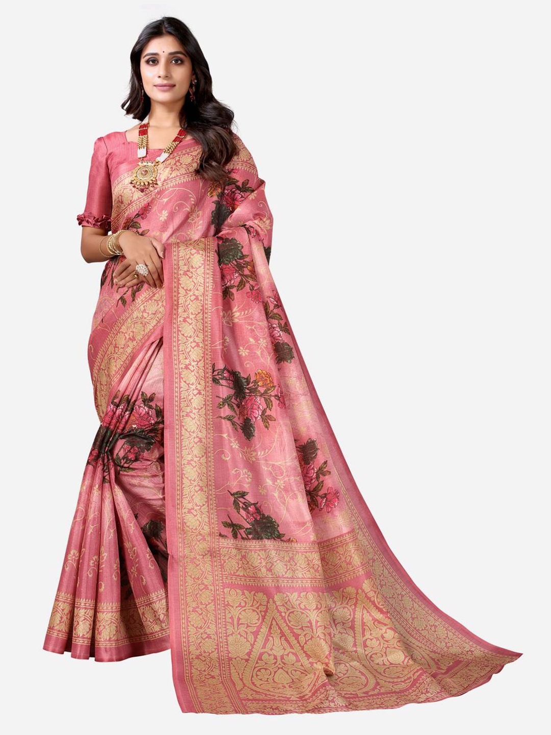 

SIRIL Women Pink Floral Print Art Silk Saree