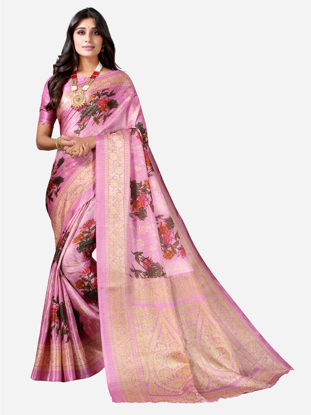 

SIRIL Women Pink Art Silk Floral Printed Saree