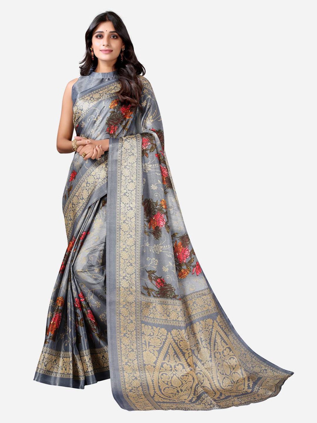 

SIRIL Grey & Red Floral Art Silk Saree