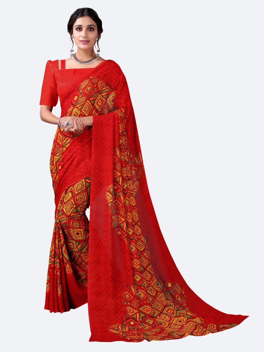 

SIRIL Red & Yellow Printed Poly Georgette Saree