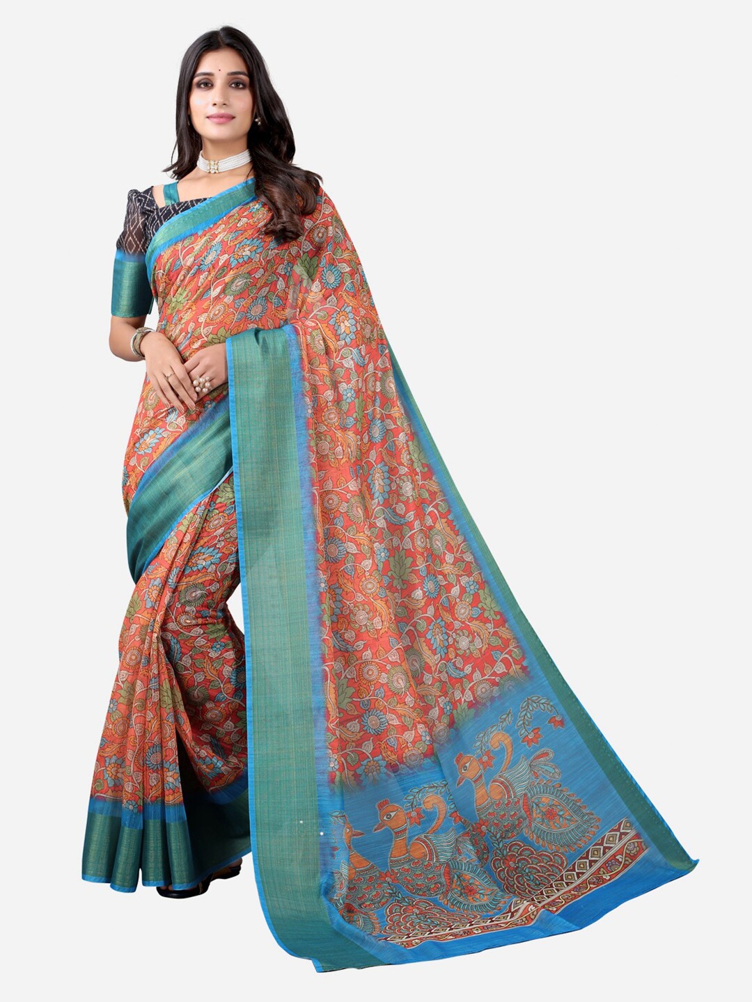 

SIRIL Red & Blue Ethnic Motifs Zari Saree