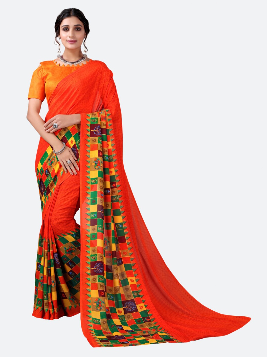

SIRIL Orange & Yellow Geometric Printed Saree