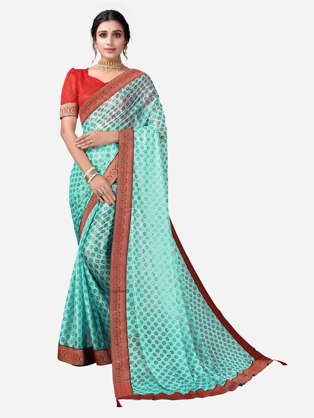 

SIRIL Blue & Beige Floral Printed Silk Cotton Saree