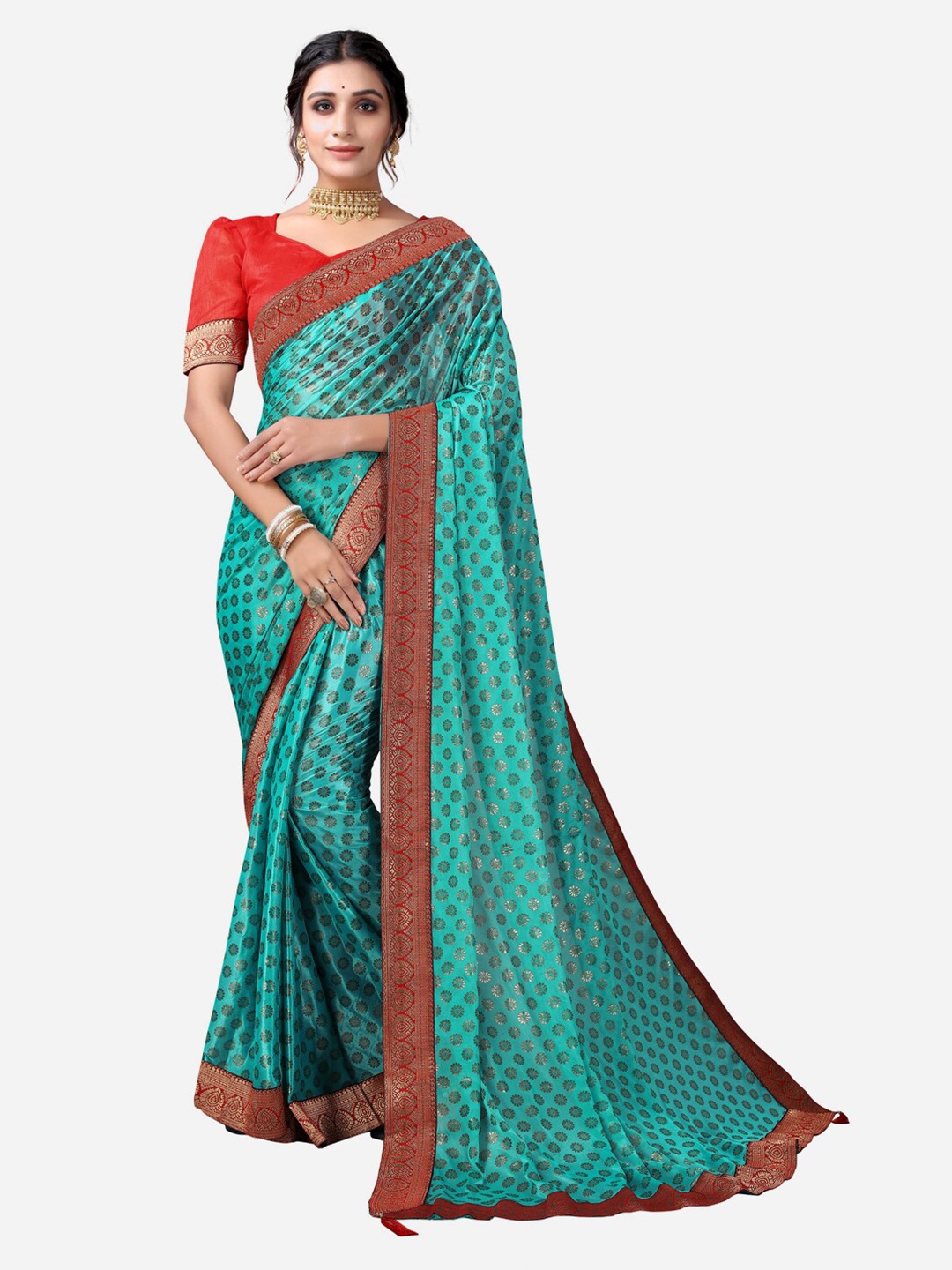 

SIRIL Teal Green & Red Ethnic Motifs Saree
