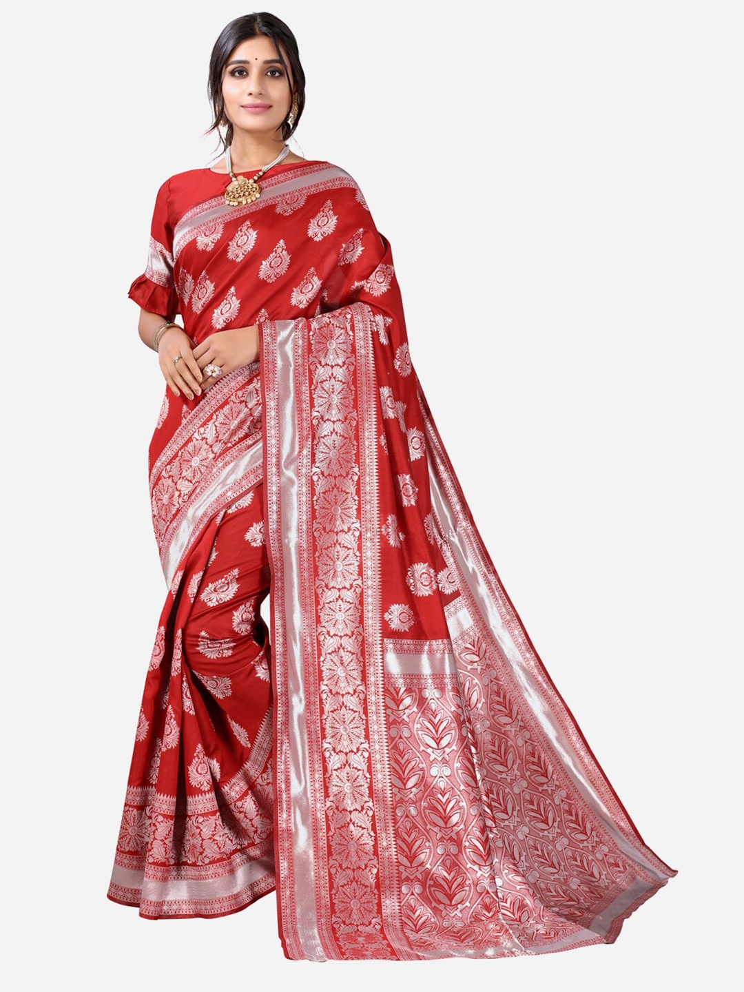 

SIRIL Red & Silver-Toned Ethnic Motifs Zari Banarasi Saree