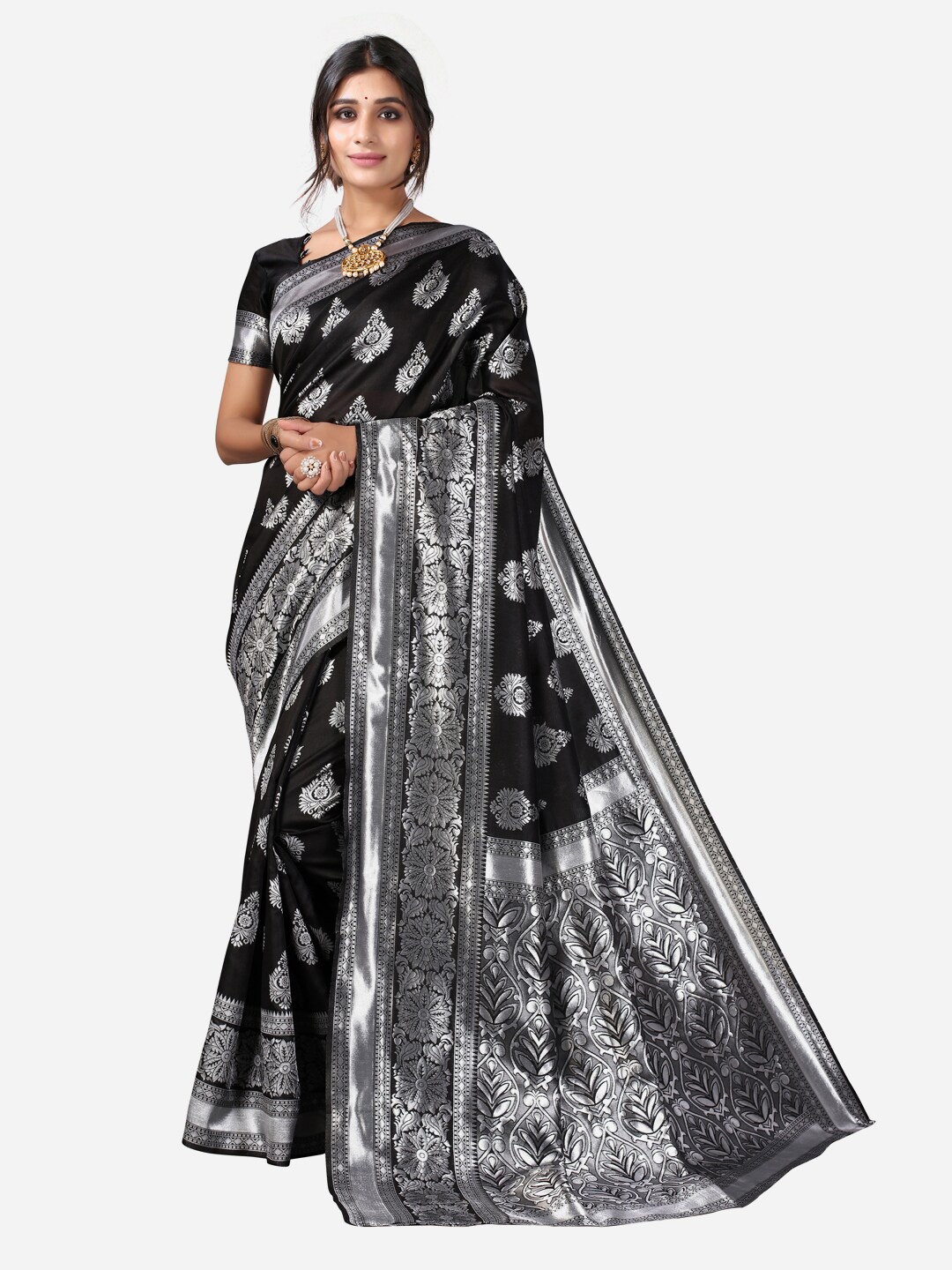 

SIRIL Black & Silver-Toned Ethnic Motifs Zari Banarasi Jacquard Saree