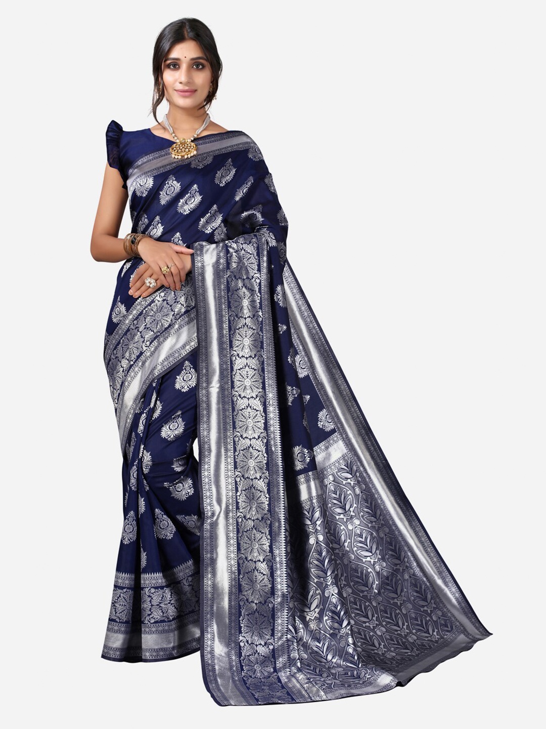 

SIRIL Blue & Silver-Toned Ethnic Motifs Woven Design Jacquard Banarasi Saree