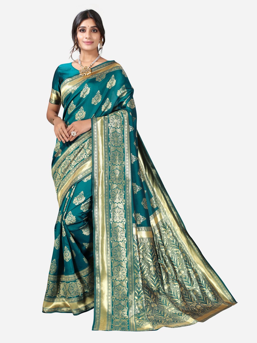 

SIRIL Turquoise Blue & Gold-Toned Ethnic Motifs Zari Banarasi Saree