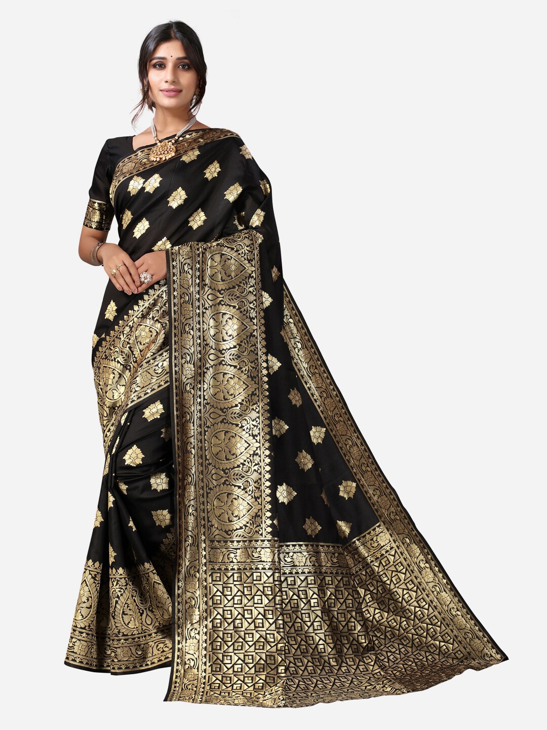 

SIRIL Black & Gold-Toned Woven Design Poly Silk Jacquard Saree