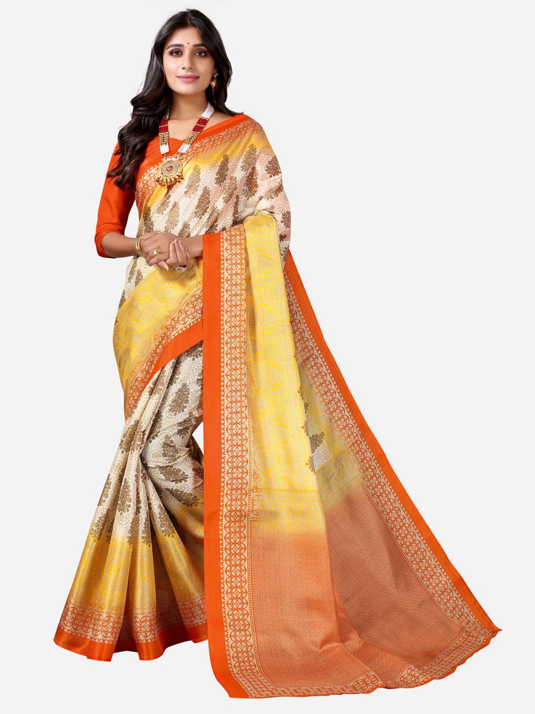 

SIRIL White & Orange Ethnic Motifs Art Silk Saree