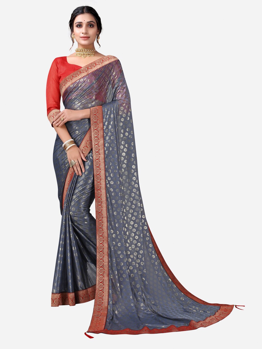 

SIRIL Grey & Red Floral Woven Design Saree