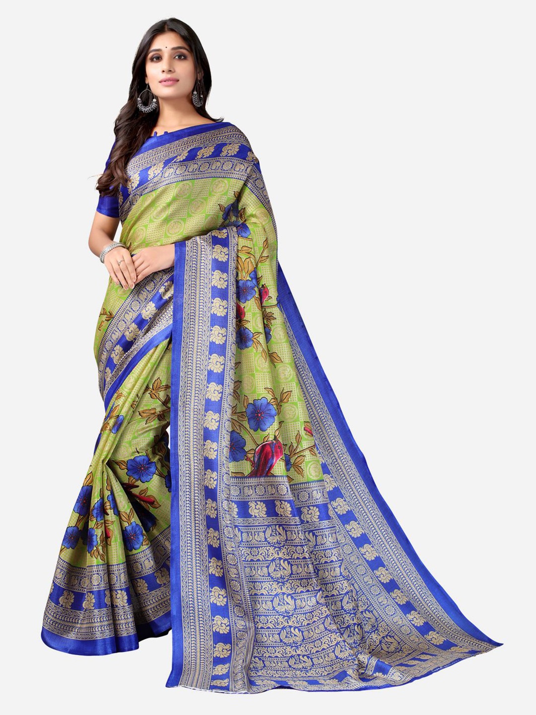 

SIRIL Olive Green & Blue Floral Silk Cotton Saree
