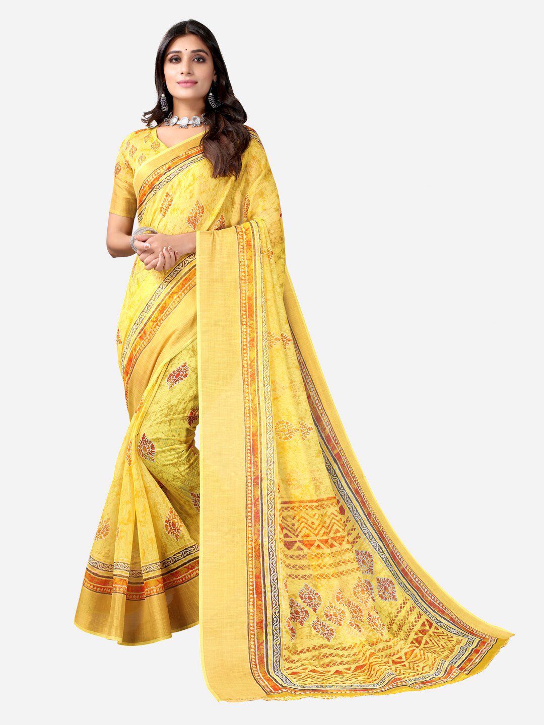 

SIRIL Yellow & Red Ethnic Motifs Print Saree